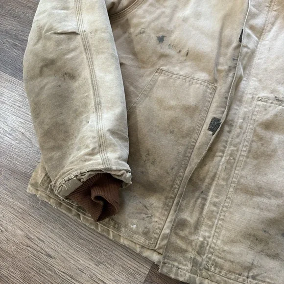 VTG‎ Carhartt Quilt Lined Canvas Chore Barn Coat Corduroy Collar Tan Distressed